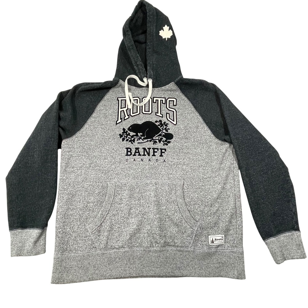 Roots Banff Canada Hoodie Men's XL Gray Charcoal Raglan Pullover Sweatshirt
